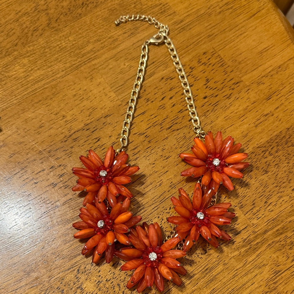 Elegant Floral Statement Dark Orange Necklace with Gold Chain